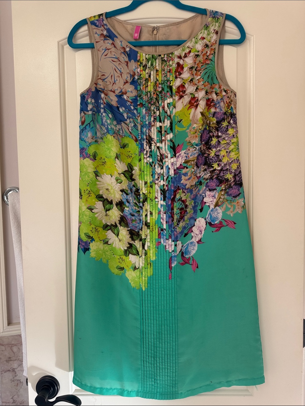 Basler Turquoise Floral Pintuck Midi Dress with Multicolor Panels